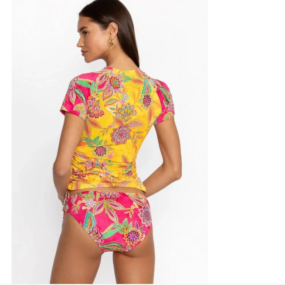 NWT Johnny Was Sunshine and Flamingo Drawstring Surf Shirt Multicolor Floral UV